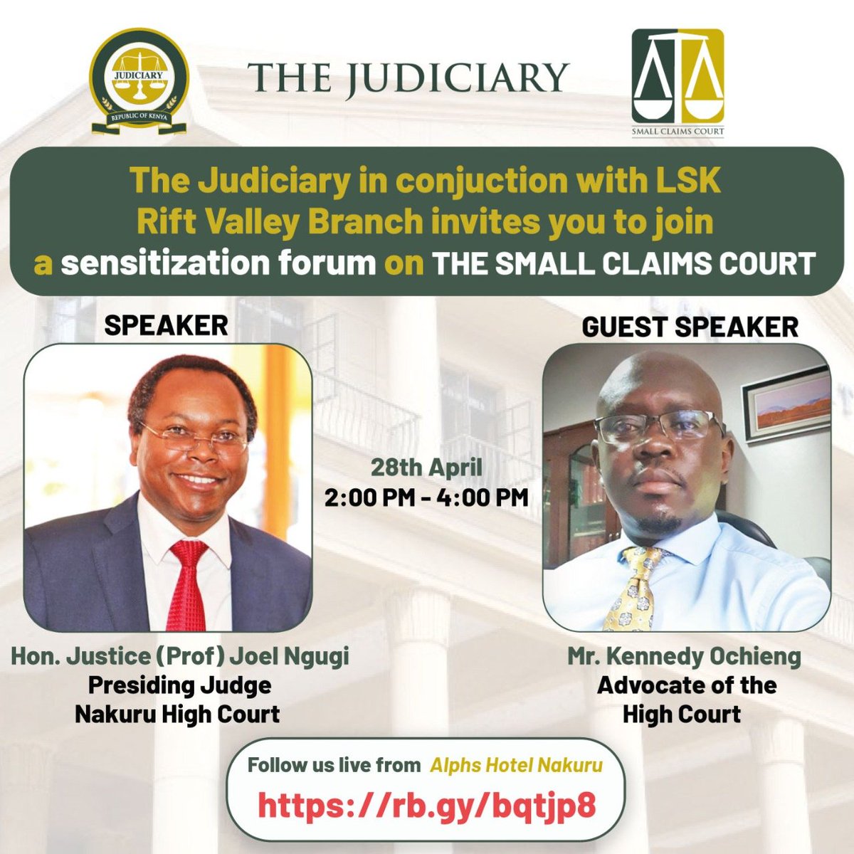 The Judiciary in Conjunction with LSK Rift Valley Branch invites you to join a sentization forum on THE SMALL CLAIMS COURT