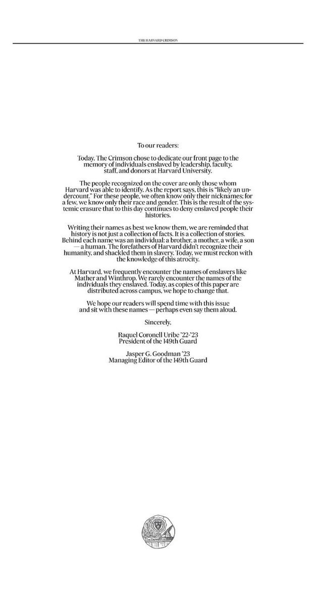 Today, The Crimson dedicates its front page to the memory of the individuals enslaved by leadership, faculty, staff, and donors at Harvard University. bit.ly/april-27-note