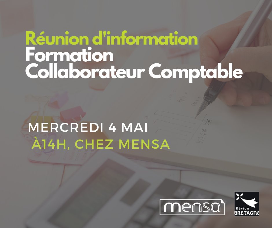 MENSAFORMATION's tweet image. Vous êtes demandeurs d'emploi et vous souhaitez vous #reconvertir en #comptabilité ? ➡️Réunion d'information sur la #formation Collaborateur Comptable, 4 mai, 14h, dans nos locaux à #Rennes.  Inscrivez-vous 📞06 80 14 52 22, 📧sroussel@mensa-formation.com. #reconversion