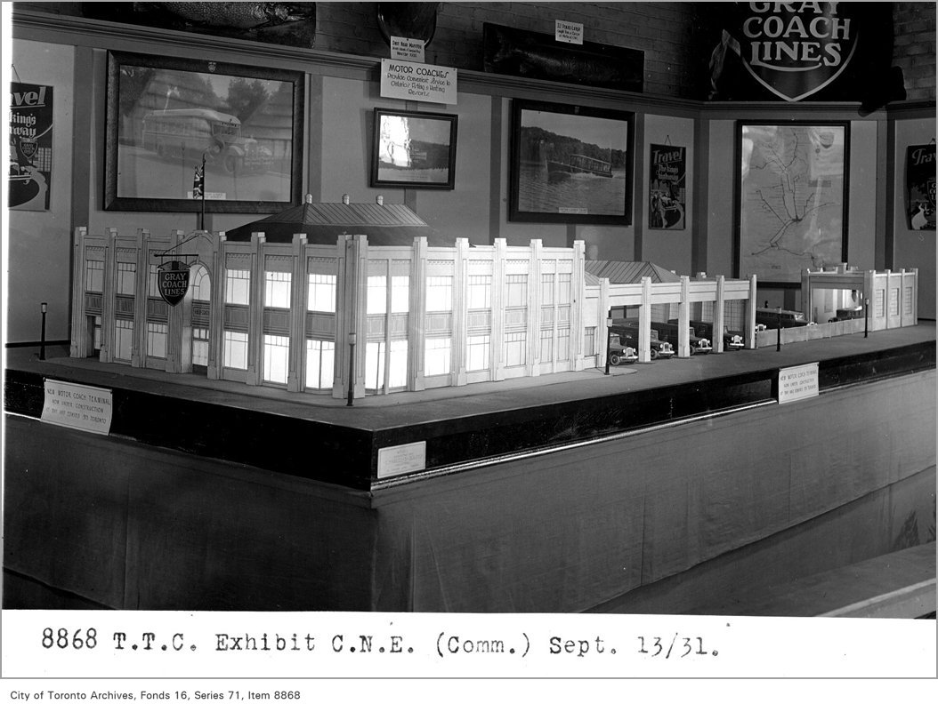 TorontoArchives's tweet photo. X is for the Ex (sort of)! Here's a display about the TTC that ran at the CNE in 1931. It featured a model of the brand new Toronto bus terminal. Find out more by visiting our own TTC exhibit live or online: https://t.co/C17f0YT73s  #ArchivesAtoZ #100YearsofTTC @TTChelps https://t.co/jNpJw2nxns