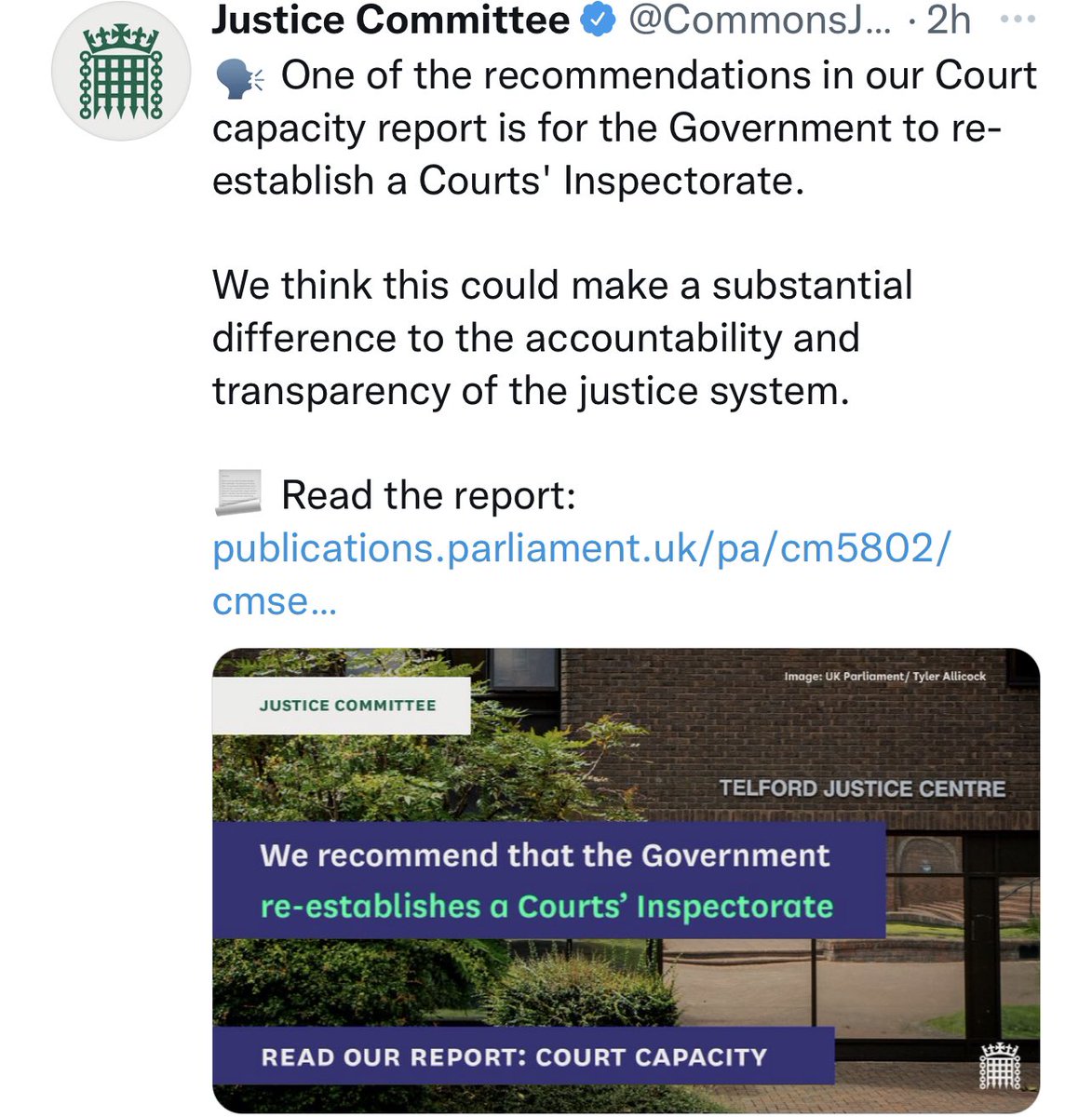 JamesDRossiter's tweet photo. 9/2/21
TheCriminalBar via then chair JamesMullhollandQC of @23essexstreet recommends to @CommonsJustice Govt re-establish Courts’ Inspectorate 
Expert MPs listen+act

thanks chair @neill_bob &amp; @meaglemp 

26/4/22
@CommonsJustice recommends Courts’ Inspectorate

@MoJGovUK pls act https://t.co/N3LQM2qXKO