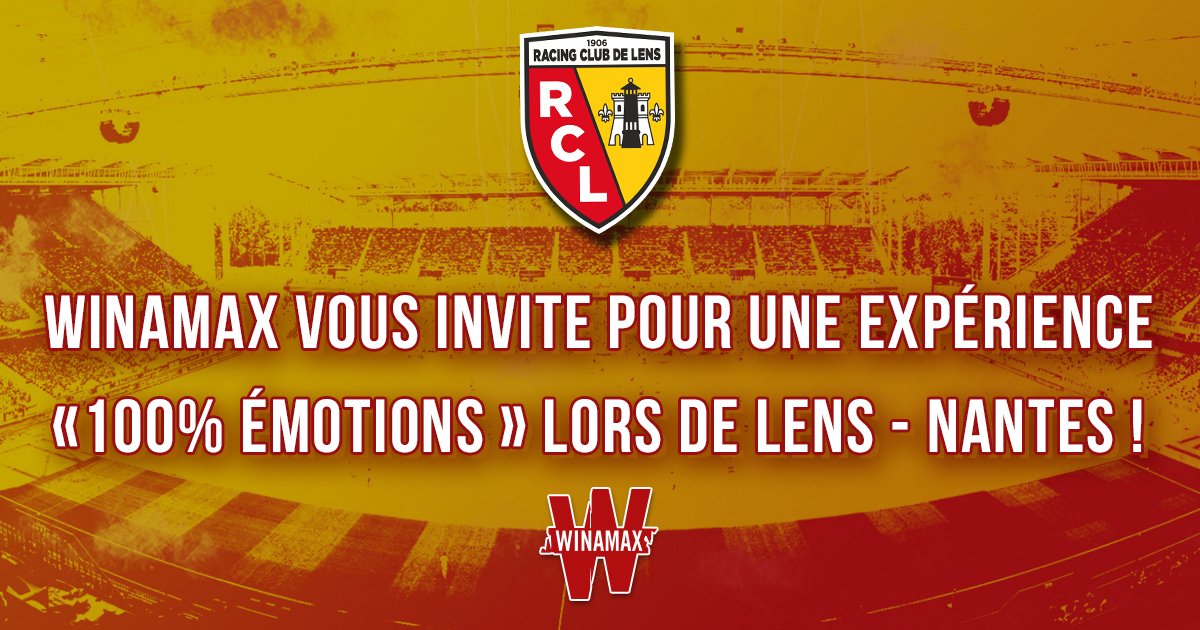 WinamaxSport's tweet image. 🧧 5 x 2 places « 100% émotions » (places VIP, expérience bord pelouse...) sont à gagner pour @RCLens - Nantes, samedi 30/04 à 17h.

⚽️ Pour participer, RT + FOLLOW @WinamaxSport tout en précisant votre pseudo Winamax dans les réponses à ce tweet.

⏰Tirage au sort demain à 11h !