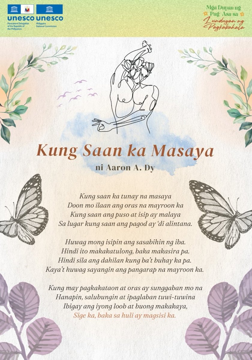 UNESCO_PHNatCom's tweet image. Kung Saan ka Masaya
Written by Aaron A. Dy

Layout by Michaella Velasco

#UNESCO #UNACOM #SharePoetry #ShareCulture #ShareHeritage #WorldPoetryDay