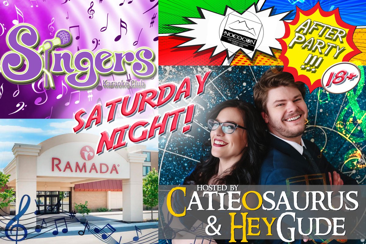 NoCoConOfficial's tweet photo. Are you ready for an after party that's bound to lock in jubilant memories? Join us June 11th for #NocoCon - The North Country #ComicCon 

#ramada #Catiosaurus #Heygude #singers #karaoke #saturdaynight https://t.co/QF3304M7kj