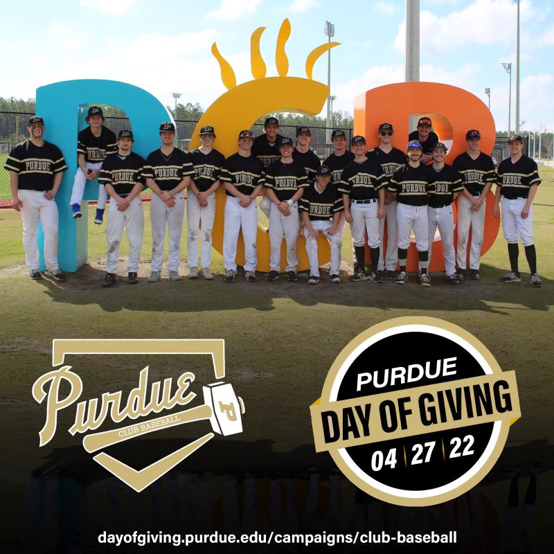 PUBaseballClub's tweet photo. Today is Purdue Day Of Giving!  Show your support for Purdue Club Baseball at https://t.co/J2efCmI8e1 .  Any donation is greatly appreciated, no matter the amount, and will go a long way in improving our program #PurdueDayOfGiving https://t.co/aGTDD4bLYf