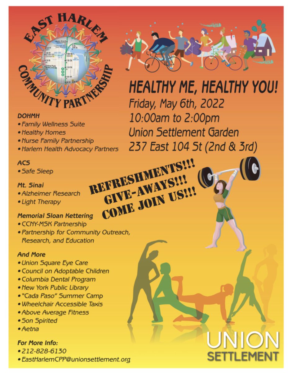 East Harlem Community Partnership (@eastharlemcp) on Twitter photo Join us for our "Healthy Me - Healthy You" event. Many providers from Mount Sinai Hospital to the Dept of Health offering health information, blood pressure and many other tests. Lots of giveaways, and the largest inflatable colon will make an appearance! <a href="/unionsettlement/">Union Settlement</a> Join us for our "Healthy Me - Healthy You" event. Many providers from Mount Sinai Hospital to the Dept of Health offering health information, blood pressure and many other tests. Lots of giveaways, and the largest inflatable colon will make an appearance! <a href="/unionsettlement/">Union Settlement</a>