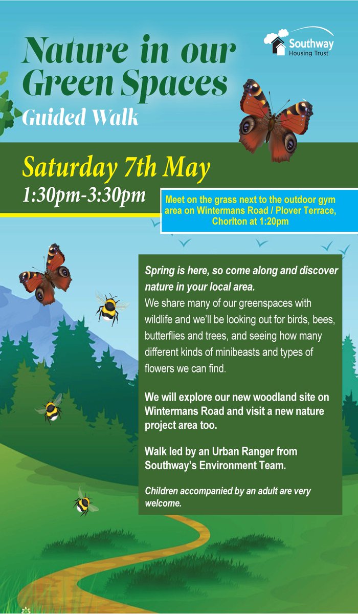 SouthwayHousing's tweet image. 🌿🌞Spring is here! 🌞🌿

We have two upcoming Guided Nature Walks with our urban ranger, Debbie, on the 7th and 14th May in #Chorlton! What #nature will you discover in your local area?

Find out more here: southwayhousing.co.uk/news-events/en…