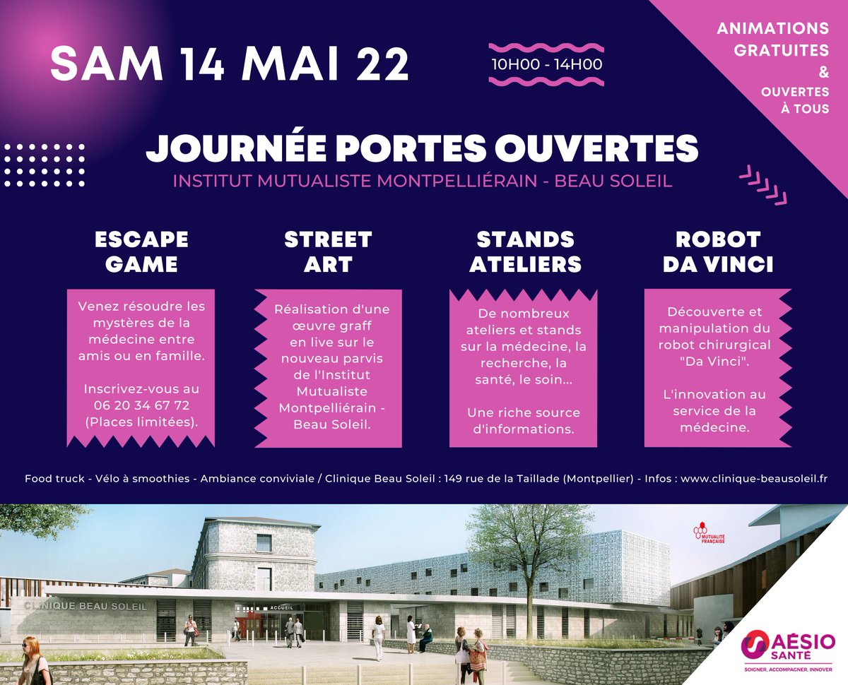 Le 14 mai 2022, l'Institut Mutualiste Montpelliérain Beau Soleil, 149 rue de la Taillade à Montpellier, ouvre ses portes. Découvrez une offre de soins innovante autour d'animations gratuites et ouvertes à tous : escape game,...PROGRAMME : bit.ly/3xJlrg7 <a href="/AesioSante/">AÉSIO Santé</a>