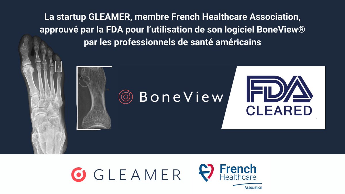 FrencHealthcare's tweet photo. La startup #MedTech @gleamer_ai approuvé par la #FDA pour l’utilisation de son logiciel de #détection automatique des #fractures #BoneView par les professionnels de santé américains 🇫🇷 🤝 🇺🇸
#frenchhealthcare🇫🇷#IA #santé #radiologie #FrenchTech
https://t.co/lUVGyqZZaA https://t.co/o35nwR6CTf