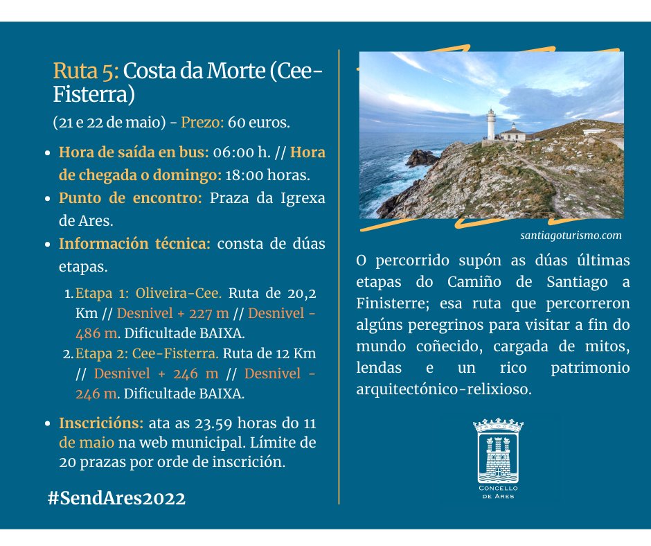 ConcellodeAres's tweet photo. ℹ️ O #SendAres pon en marcha a última ruta da tempada inverno-primavera
➡️ O programa de sendeirismo permitirá explorar #Cee e #Fisterra, percorrendo dúas etapas do #CamiñodeSantiago
#ConcellodeAres #ConcellariaDeportesAres #SendAres2022
+info: 👇
https://t.co/toXb8aF8FJ https://t.co/jPksYj2m38
