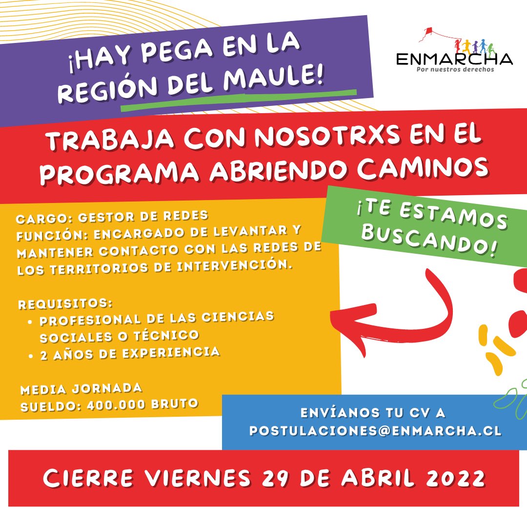 HAY PEGA EN LA REGIÓN DEL MAULE📣📣📣📣
Estamos buscando una o un Gestor de Redes, aquí les dejamos la información para quienes quieran postular. 📬

¡Compártenos para que lleguemos a más personas! 📝

#haypega #maule #trabajosocial #trabajochile #postula #comparte #ponteenmarcha