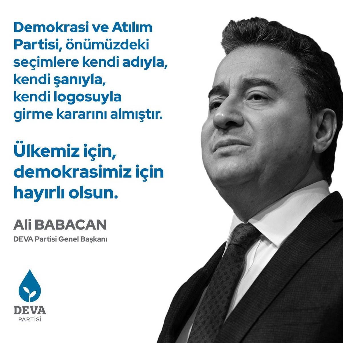 Demokrasi ve Atılım Partisi, önümüzdeki seçimlere kendi adıyla, kendi şanıyla, kendi logosuyla girme kararını almıştır. 

Ülkemiz için, demokrasimiz için hayırlı olsun.