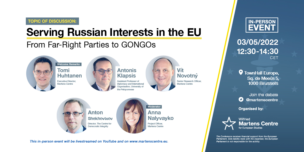 🗓️Another great in-person event that you shouldn't miss if in #Brussels next week! 'Serving Russian Interests in the #EU - From Far-Right Parties to #GONGOs'. All the information &amp; registration here 👉martenscentre.eu/event/serving-… 
#RussianPropaganda #StandWithUkraine #FutureOfEurope