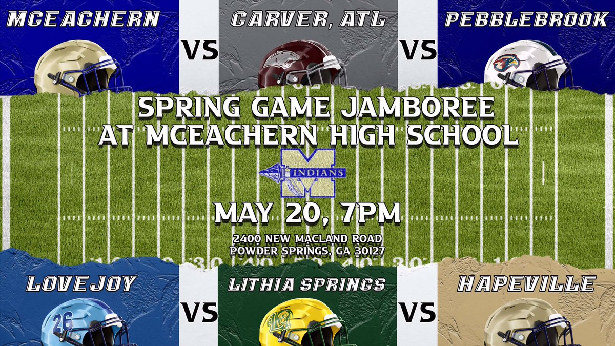 Come join us! <a href="/McEachernSports/">McEachern HS Athletics</a> <a href="/McEachernFtball/">McEachern Football</a> <a href="/McEachernHigh/">McEachern High School</a> @McEachernFootB1 #212
@LovejoyFB1 <a href="/BrookSquadFB/">Pebblebrook Football</a> <a href="/HCCA_Athletics/">Hapeville Hornets</a> <a href="/CarverATLSports/">Carver (ATL) Athletics</a> <a href="/LithiaF/">Lithia Springs Football</a>