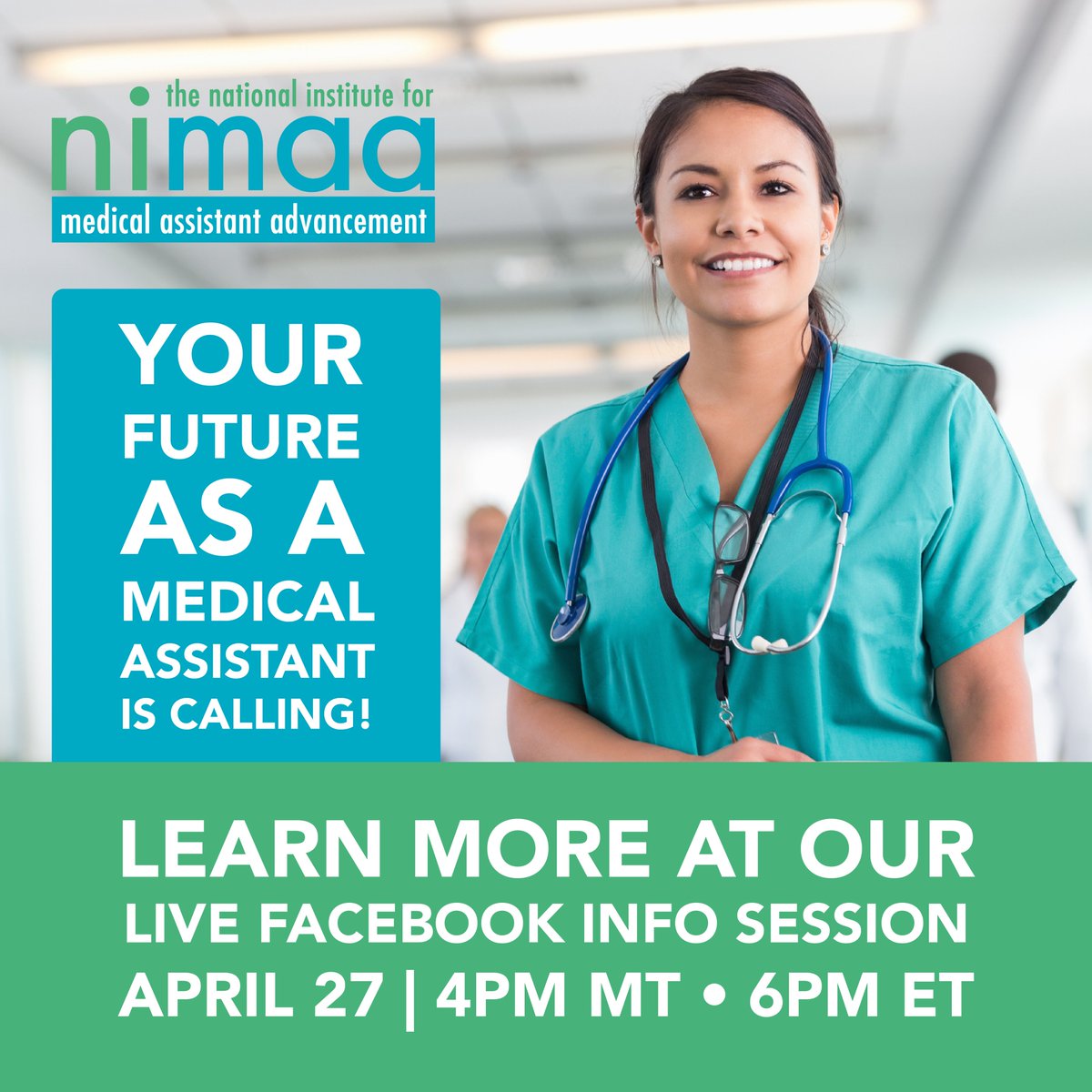 NIMAAedu's tweet photo. Tonight! Learn all about our 8-month Medical Assistant training program live on our Facebook page (https://t.co/Jeta5mo25e) at 4PM MT/6PM ET. 

The application deadline for our fall cohort is fast approaching - apply by May 29! https://t.co/DDSeDrRdtw