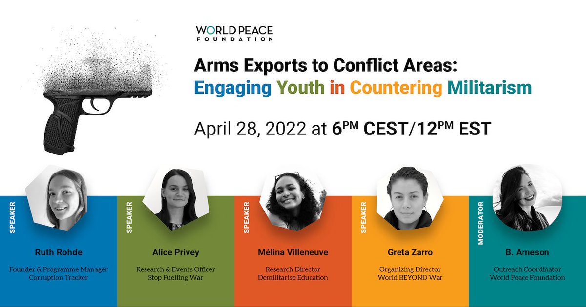 📢 TOMORROW: join @ArmsTradeCT, @stopfuellingwar, @dED_ucation, and World BEYOND War's Greta Zarro for a discussion on how #activists on the ground can work together to hold their states accountable for #arms exports to conflict areas. buff.ly/3EQmI6T #antiwar #defundwar