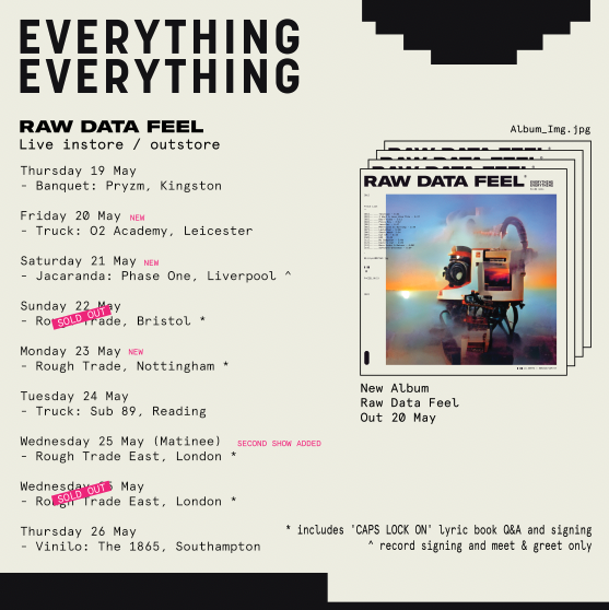 E_E_'s tweet photo. More instore and outstore shows added! We’ll be playing some intimate sets and signing records the week ‘Raw Data Feel’ is released. https://t.co/KZqm2W9guK https://t.co/CgmQJXN7KS