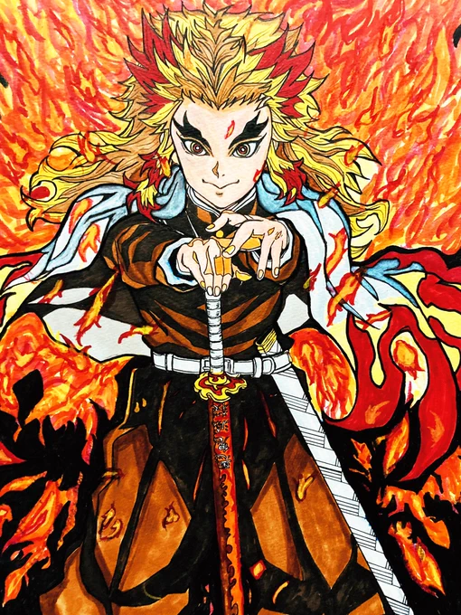 GWみたいに大型連休前いつも忙しい 今日は全く何も出来ないので過去に描いたのを投稿します! 背景の炎適当に描きました #イラスト練習中 #アナログイラスト #コピック #煉獄杏寿郎 #イラスト好きな人とつながりたい