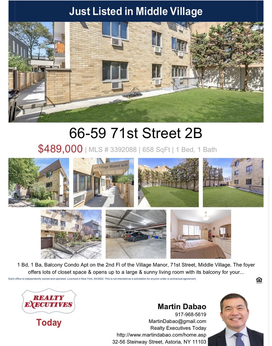 Just Listed for $489,000 - 66-59  71st Street  2B, Middle Village, NY 11379
#realestate #realtor #realestateagent #home #property #investment #forsale #realtorlife #househunting #dreamhome #luxury #interiordesign #luxuryrealestate #newhome #architecture #realtyexecutives