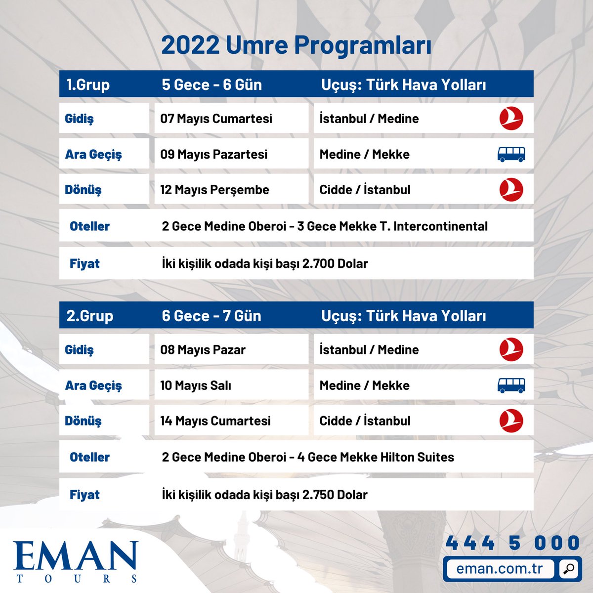 EmanTur's tweet photo. (1/2) 
Şükür Kavuşturana!

Eman Turizm’in 2022 #Şevval #Umre programları için görselleri kaydırarak inceleyebilirsiniz.

Fiyatlara Dahil Olan Hizmetler:
✔️Türk Hava Yolları (#THY) tarifeli uçak bileti
✔️Vize işlemleri
✔️Yurt dışı çıkış harcı
✔️Seyahat sigortası
✔️Transferler https://t.co/spo6bWpjEv