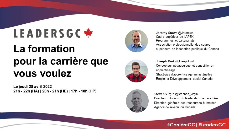 Ce jeudi à 20h HE (17h HP), la communauté #LeadersGC discutera de « la formation pour votre carrière »  avec nos deux invités spéciaux <a href="/Jerstowe/">Jeremy S. 🍁</a>, <a href="/stephen_virgin/">Stephen Virgin</a> and <a href="/JosephBurt_/">Joseph Burt</a>

#CarrièreGC #LeadersGC