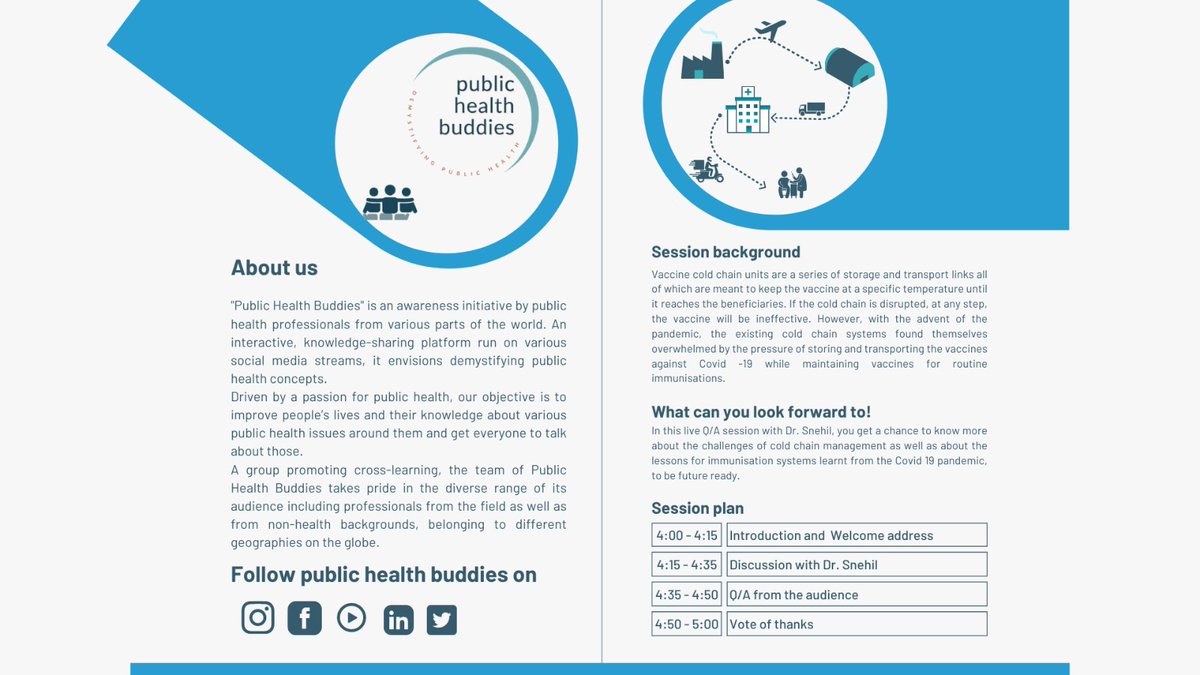 The_PHbuddies's tweet photo. As we celebrate world immunisation week 2022, Public Health Buddies bring you a live webinar with Dr Snehil, an immunisation cold chain expert to discuss "How to make cold chain systems resilient: Learnings from Covid-19". Join us on 30th April, 4 p.m IST. https://t.co/BlfHbMNGpe https://t.co/P5txRnsi8i
