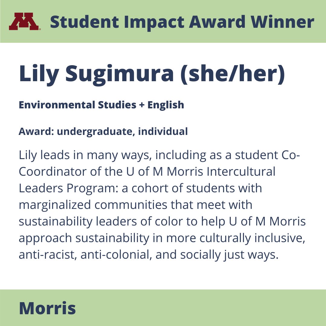 umnsusted's tweet photo. Thanks to everyone who was able to join us for the Acara and inaugural Student Impact Awards. Over this week, we will spotlight different winners from each competition and campus! Today we are featuring Morris Student Impact Award winners. https://t.co/i9sEqG3WRh
