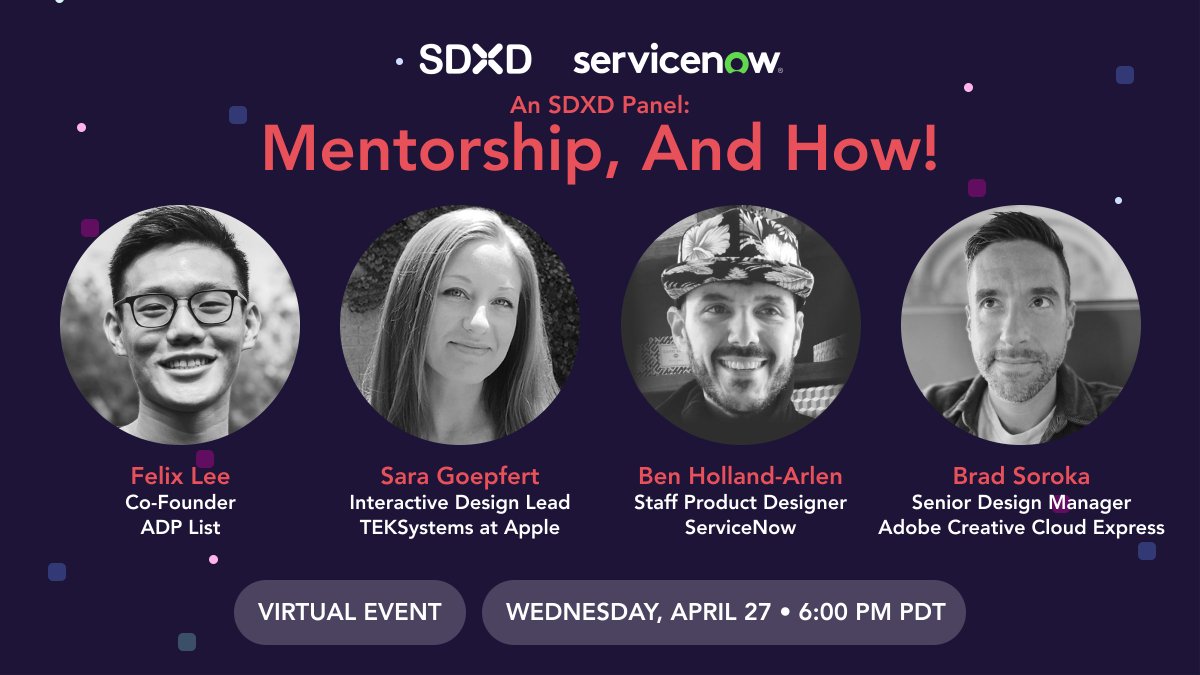 Happening today! Don’t forget to join us this evening for a chat with this stellar line-up of mentorship panelists 🚀 RSVP now: bit.ly/3KsPwUg #uxchat #mentorship #ux