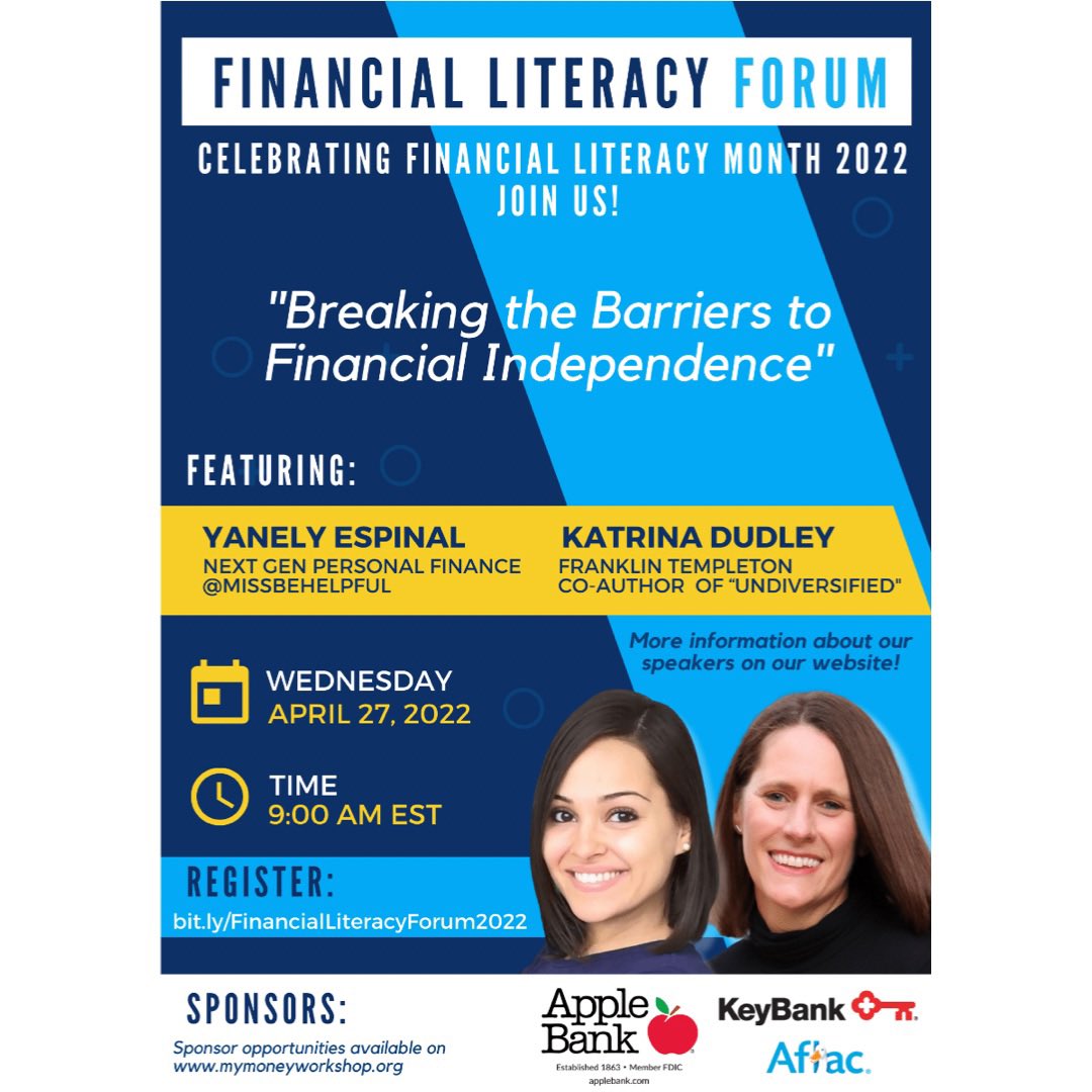 LIVE NOW
My Money Workshop 2022 
Financial Literacy Forum
Wednesday, April 27, 2022
9AM - 12PM EST

SIGN UP & JOIN US: 
mymoneyworkshop.org/financial-lite… 

#FinancialEducationIsTheKey
#financialliteracy
#financialstress

How can @MYMONEYWORKSHOP help you?

#NationalFinancialLiteracyMonth