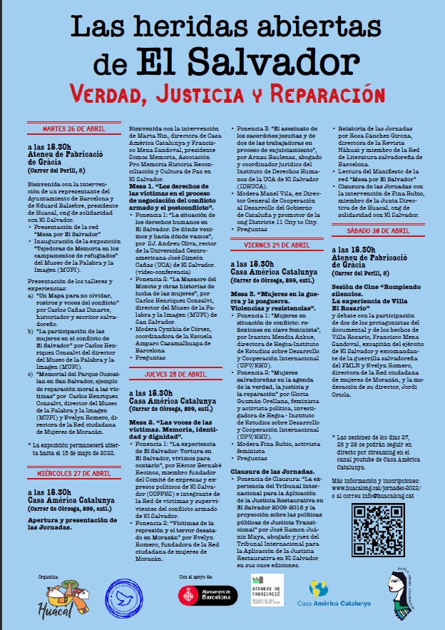 Recuerden hoy a las 18.30h CET pueden seguir por este enlace youtu.be/WkMfAuRwiyo las jornadas "Las heridas abiertas del Salvador" <a href="/americatalunya/">Casa Amèrica Catalunya</a> <a href="/tejiendomemoria/">Museo de la Palabra y la Imagen</a> <a href="/UCA_ES/">UCA El Salvador</a> <a href="/EscuelaBcn/">Escuela Amparo Casamalhuapa BCN</a> Les esperamos !!!