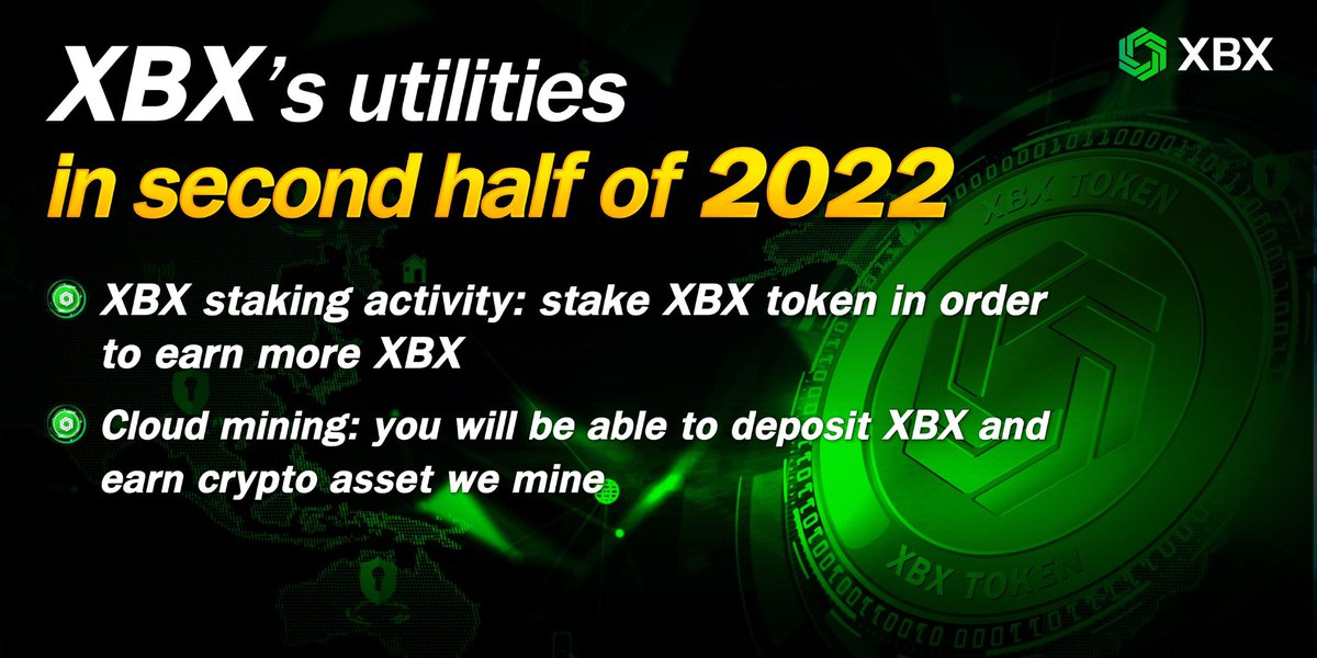XBX’s utilities in this coming up quarters

✅XBX staking activity: you can stake XBX token in order to earn more XBX. Why not doing it!

✅Cloud mining: you will be able to deposit XBX and earn crypto we mine! Maybe DOGE,  LTC, or BTC (the exact reward will be announced later)