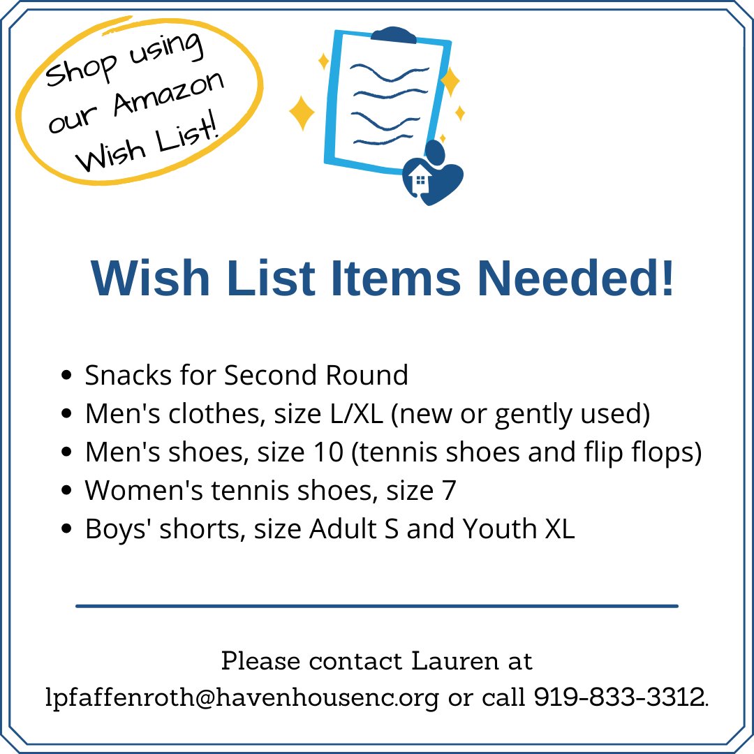 Haven House Services (@havenhousenc) on Twitter photo We are in need of a variety of items right now for our youth, families, and programs. Please check out our Amazon Wish List at tinyurl.com/havenhousewish…. If you are able to donate any of the items on this list, please contact Lauren at lpfaffenroth@havenhousenc.org. Thank you! We are in need of a variety of items right now for our youth, families, and programs. Please check out our Amazon Wish List at tinyurl.com/havenhousewish…. If you are able to donate any of the items on this list, please contact Lauren at lpfaffenroth@havenhousenc.org. Thank you!