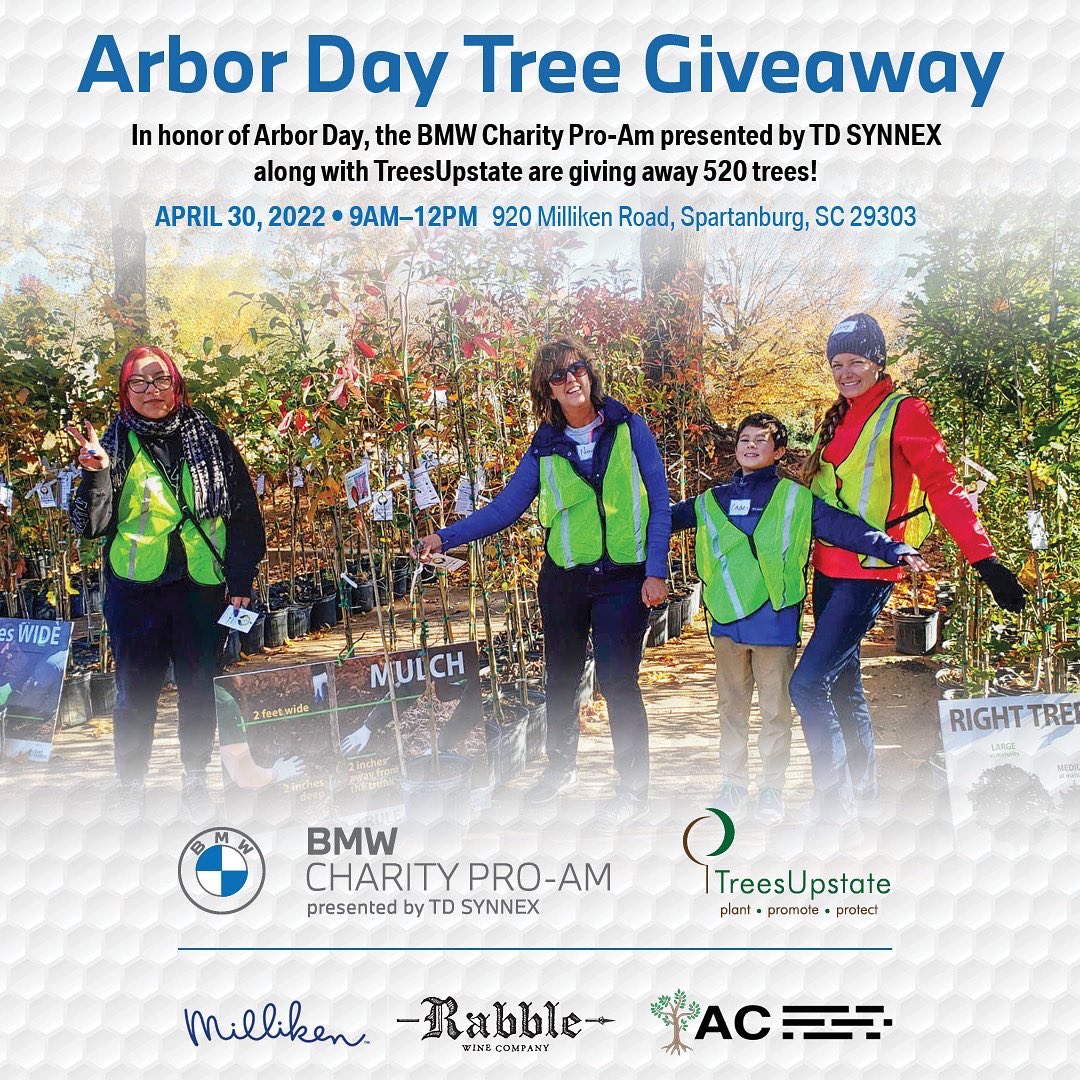 BMWCharityProAm's tweet image. Join the BMW Charity Pro-Am presented by TD SYNNEX and TreesUpstate for our Tree Giveaway in honor of Arbor Day. 🌳This Saturday, April 30th, from 9 AM - 12 PM, join us at Milliken in Spartanburg as we give away 520 3-gallon trees!
