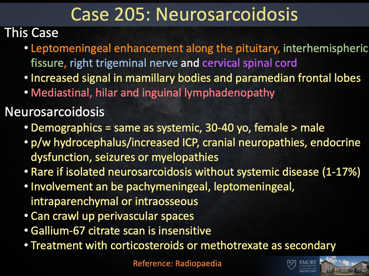 Answer: Neurosarcoidosis (NS)

Tried not to make it too hard bc diff is long. NS is one of my 'Honey Badger' & 'creepy crawly' diagnoses. It does whatever the &*%$ it wants. This is classic though showing infundibular & lepto enhancement but can be intraparenchymal #EmoryRadCOTD