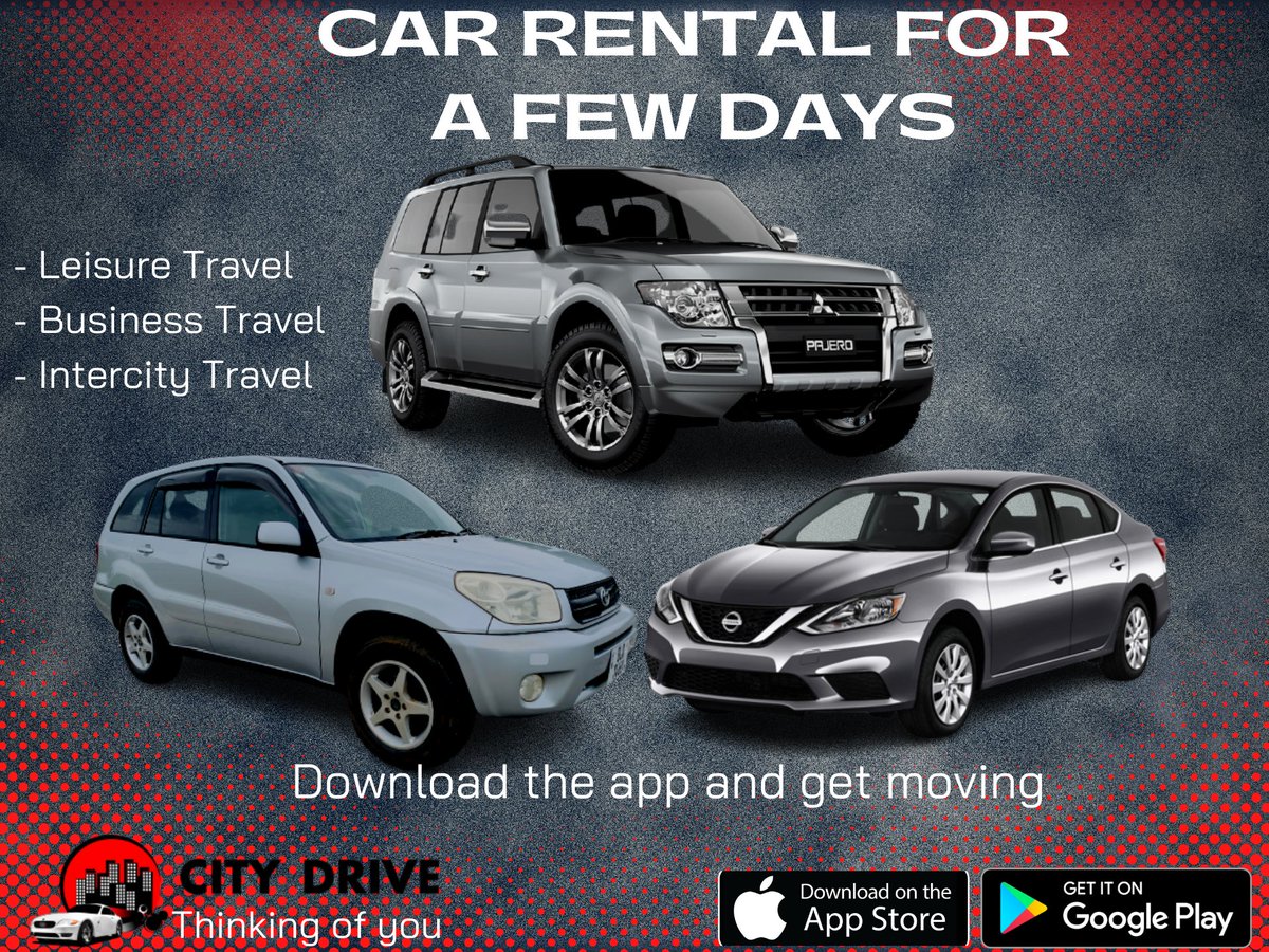 CityDrive4You's tweet photo. Let's take care of your mobility needs for those few days. Download the App and get started or Call us on: 0976-760159
Available in Lusaka and Solwezi
Download the App here: https://t.co/9Eozv3YcWn https://t.co/izbS93I5QU