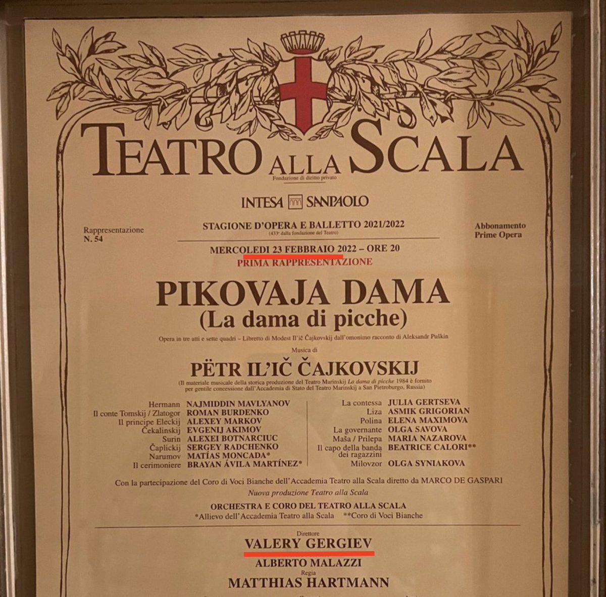 On 23 February 2022 Gergiev hosted a premier of La Dame de pique at La Scala. I actually was there on that day. Gergiev was wonderfully received, there were standing ovations and words of gratitude. At the very same hour, Putin started to bomb Ukrainian cities.