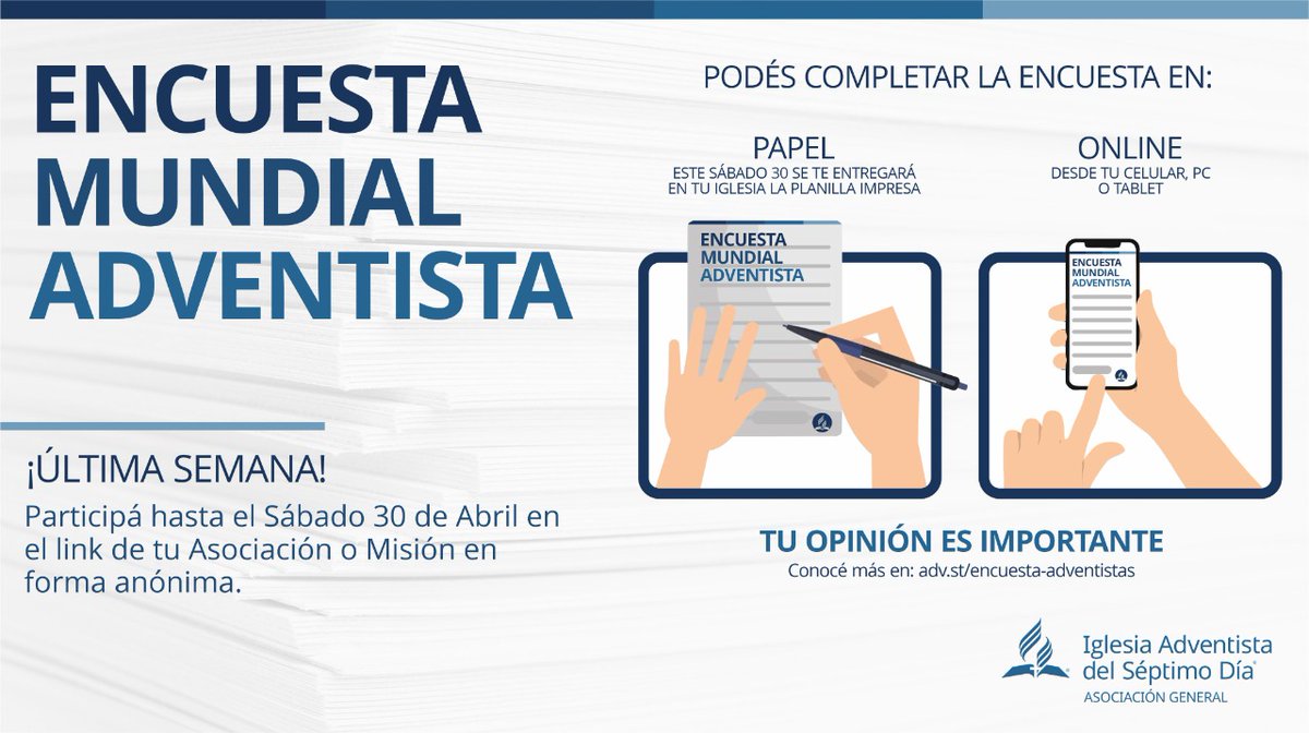 Con el fin de conocer mejor a sus miembros en todo el mundo, la Iglesia Adventista del Séptimo Día ha preparado una 📝encuesta que deberá ser realizada durante el mes de abril.

🌐 Conoce más en adv.st/encuesta-adven…

#encuestamundial #adventistworld