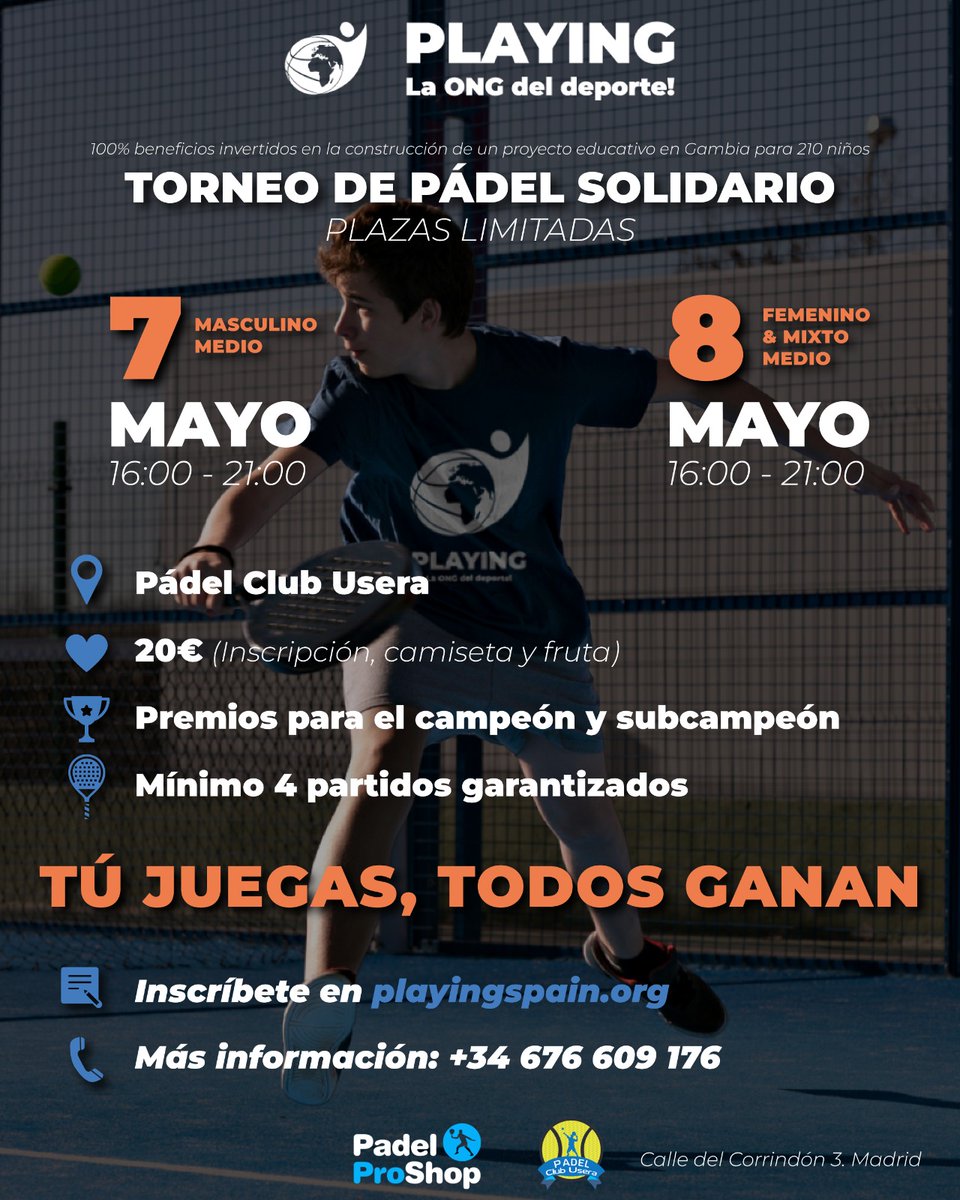 playingspain's tweet photo. 🎾 ¡Regresa el pádel a los torneos solidarios de Playing!

Los beneficios serán destinados a nuestro colegio en Gambia, al que ya acuden 180 peques 👧🏾

Tú juegas, todos ganan 💙

📝 Inscripciones abiertas: https://t.co/KWxbuR1AWG https://t.co/xxt2t2xG9A