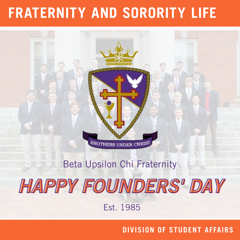 Happy Founders' Day to the men of #BetaUpsilonChi! Beta Upsilon Chi: Brothers Under Christ was founded on April 27, 1985, at the University of Texas at Austin. Clemson is home to the Alpha Eta chapter. Cheers! 🎉