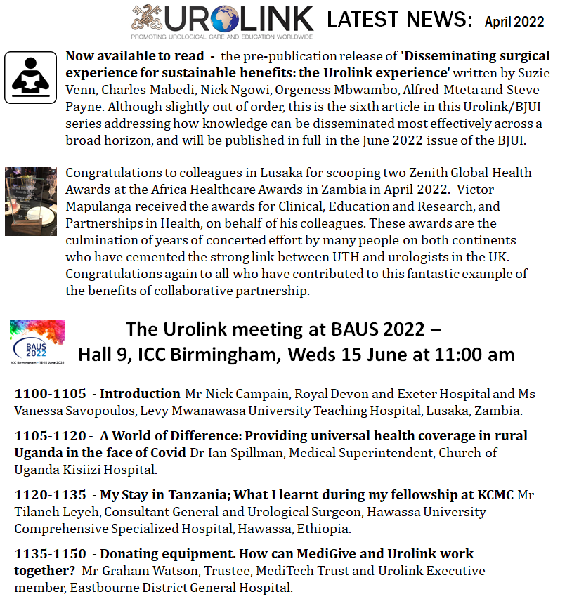 👓LATEST NEWS FROM UROLINK: - The Zenith global awards for UTH Lusaka - The Urolink meeting at the BAUS ASM - Pre-publication of BJUI paper on Disseminating surgical experience for sustainable benefits: the Urolink experience More info at: baus.org.uk/professionals/… @BSoT_UK