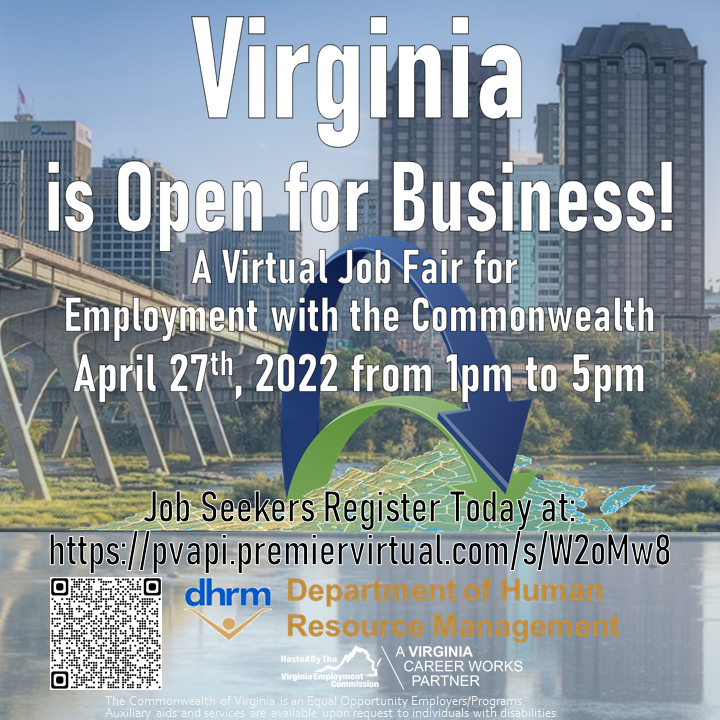 Today is the day! Virginia is Open For Business Virtual Job Fair is starting at 1pm-5pm today. For more information and to register visit: app.premiervirtual.com/events/df490cd…