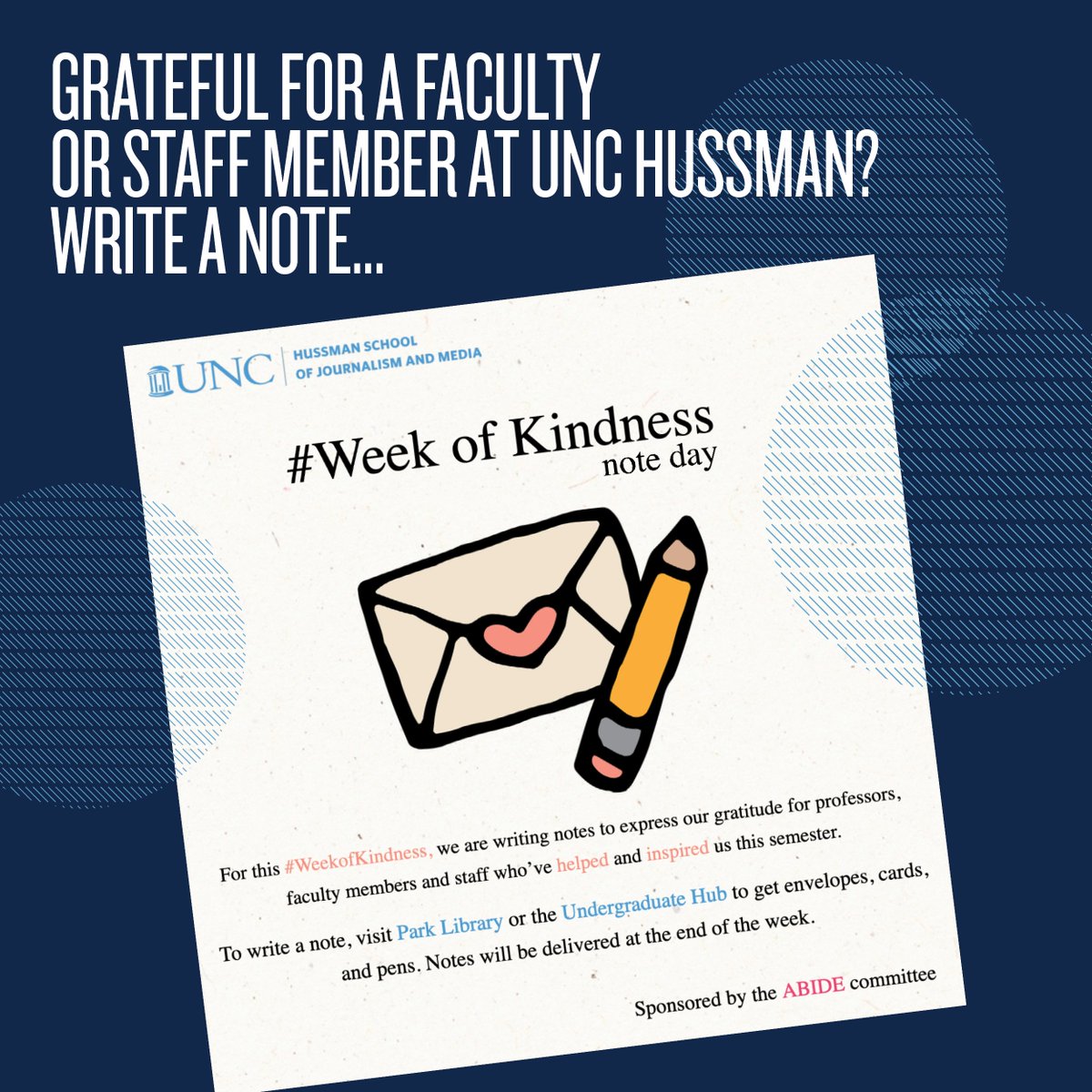 Feeling grateful for a faculty or staff member at #UNCHussman? Write a note! During our #WeekOfKindness sponsored by the School’s ABIDE committee, you’ll find cards, envelopes and pens at <a href="/UNCParkLib/">UNC Park Library</a> and in our Undergraduate Hub. The notes will be delivered this Friday, April 29.