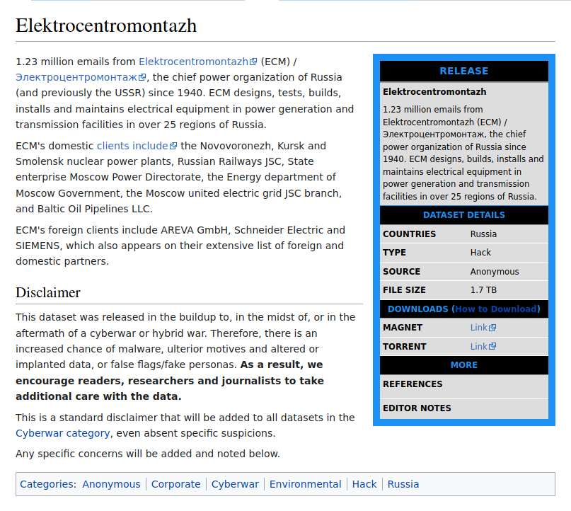 YourAnonTV's tweet photo. JUST IN: #Anonymous has hacked 1.23 million emails (1.7 TB of data) from Elektrocentromontazh (ECM), the primary power organization of #Russia. ECM designs, builds, installs and maintains electrical equipment in power generation and transmission facilities. #OpRussia #DDoSecrets https://t.co/StLKpkTFNQ