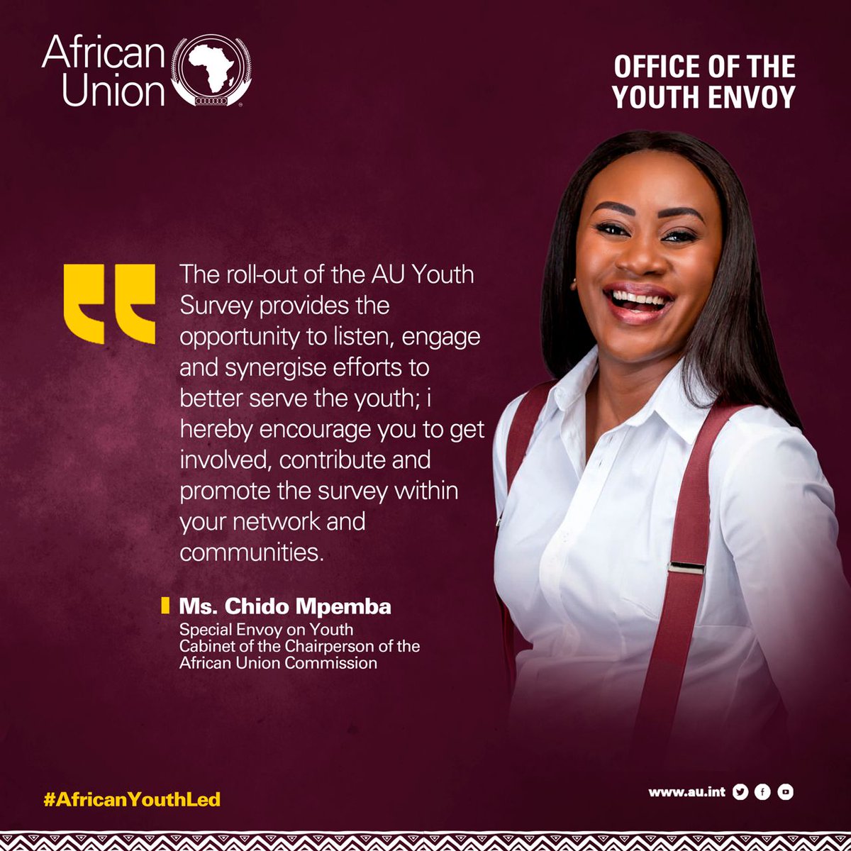 AU Youth Envoy Chido Mpemba (@au_youthenvoy) on Twitter photo We are very excited to launch the
“AU Youth Survey”✍🏽
An avenue to help the <a href="/_AfricanUnion/">African Union</a> through the @AU_YouthEnvoy gain inputs on the current priorities for Youth development in Africa
Find 🔗 below
ENG: bit.ly/38smpmG
FRE: bit.ly/3Kfimao
#AfricaYouthLed We are very excited to launch the
“AU Youth Survey”✍🏽
An avenue to help the <a href="/_AfricanUnion/">African Union</a> through the @AU_YouthEnvoy gain inputs on the current priorities for Youth development in Africa
Find 🔗 below
ENG: bit.ly/38smpmG
FRE: bit.ly/3Kfimao
#AfricaYouthLed