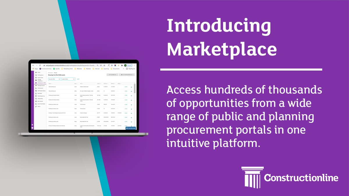 constructline's tweet image. We’re delighted to announce the launch of our new Marketplace tool, which means Constructionline Suppliers can now access hundreds of thousands of opportunities from a wide range of public and planning procurement portals in one intuitive platform.
ow.ly/7AA850IxWVm