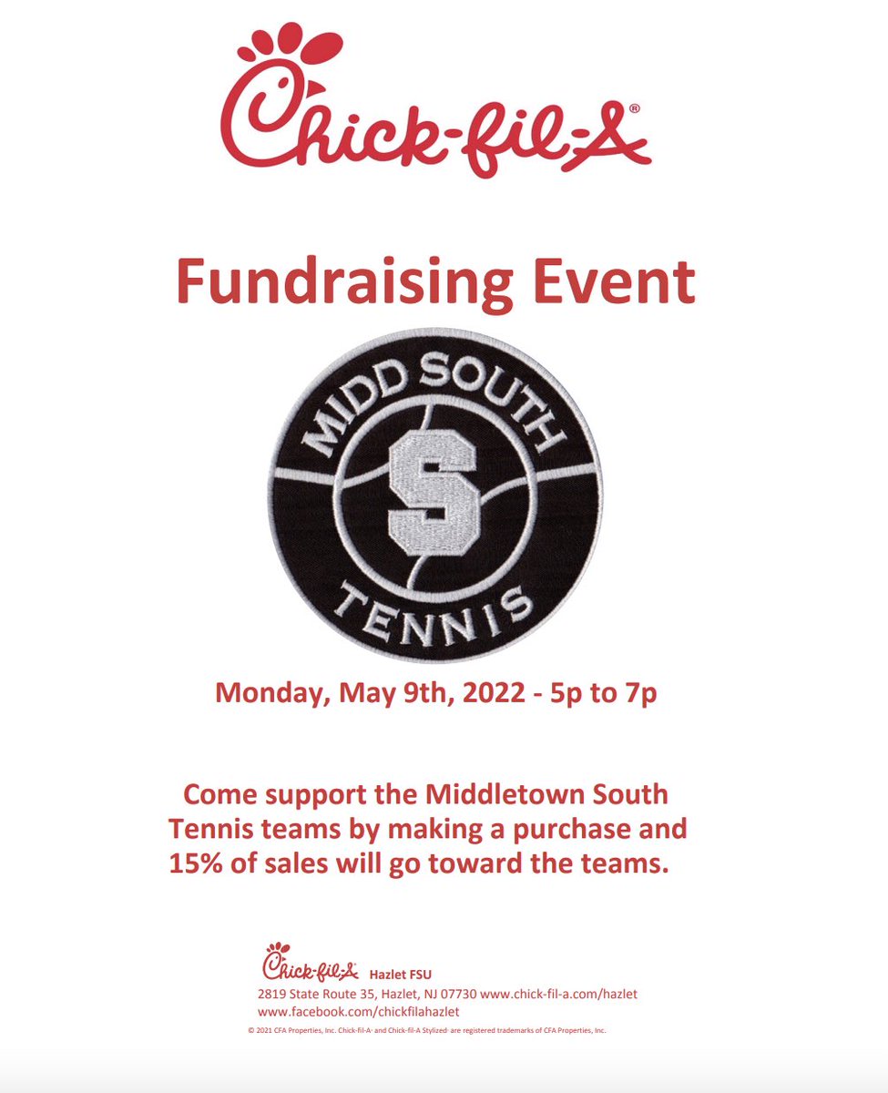 🚨 Fundraiser Alert! 🚨 Come out and support <a href="/MHSSTennis/">MHSSTennis</a> on Monday 9th at Chick-fil-A in Hazlet! <a href="/MiddsouthNation/">Midd South Nation</a>