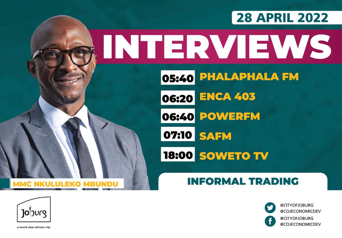 NkuliMbundu's tweet photo. Media schedule for tomorrow, Thursday 28 April to unpack the Informal Trade Policy @CityofJoburgZA @SabeloChalufu @David_S_Tembe @MMC4Transport @MikaNgobeni @KhomoMashala https://t.co/oYZ3Zt58fr
