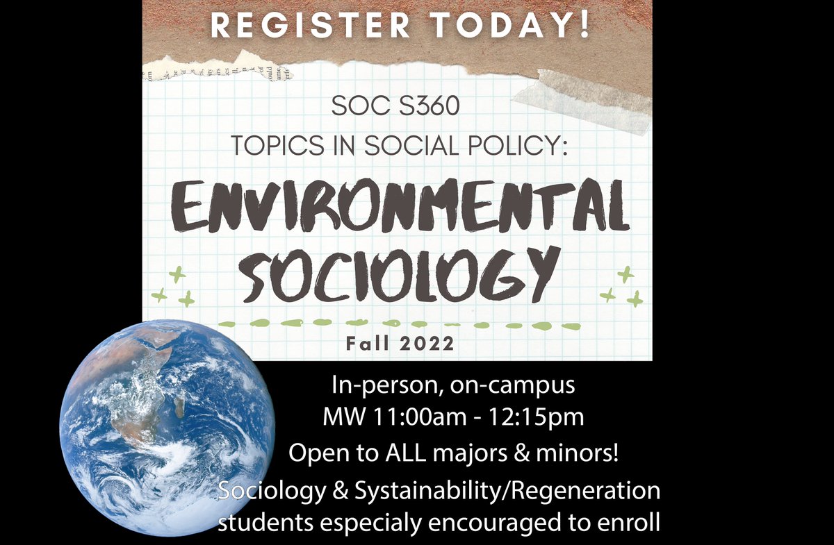Interested in Environmental Sociology?  Register Today!  Talk with your advisors to see if this course will fit in your Fall 2022 schedule!  Encouraged for Sociology and Sustainability/Regeneration students to enroll, but open to everyone!