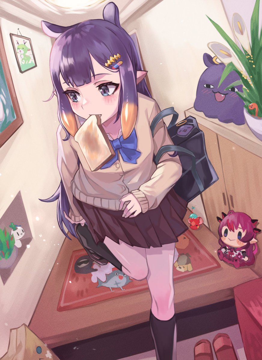 ninomae ina'nis ,takodachi (ninomae ina'nis) 1girl long hair pointy ears school uniform skirt purple hair bag  illustration images