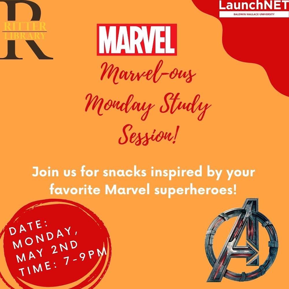 bwcig's tweet photo. Do you have study session plans? Join us for a Marvel-ous Monday Study Session at Ritter Library! Finish your projects, study, and enjoy snacks inspired by your favorite Marvel superheroes! #studybreak #bwlaunchnet https://t.co/opgCqB6oTv